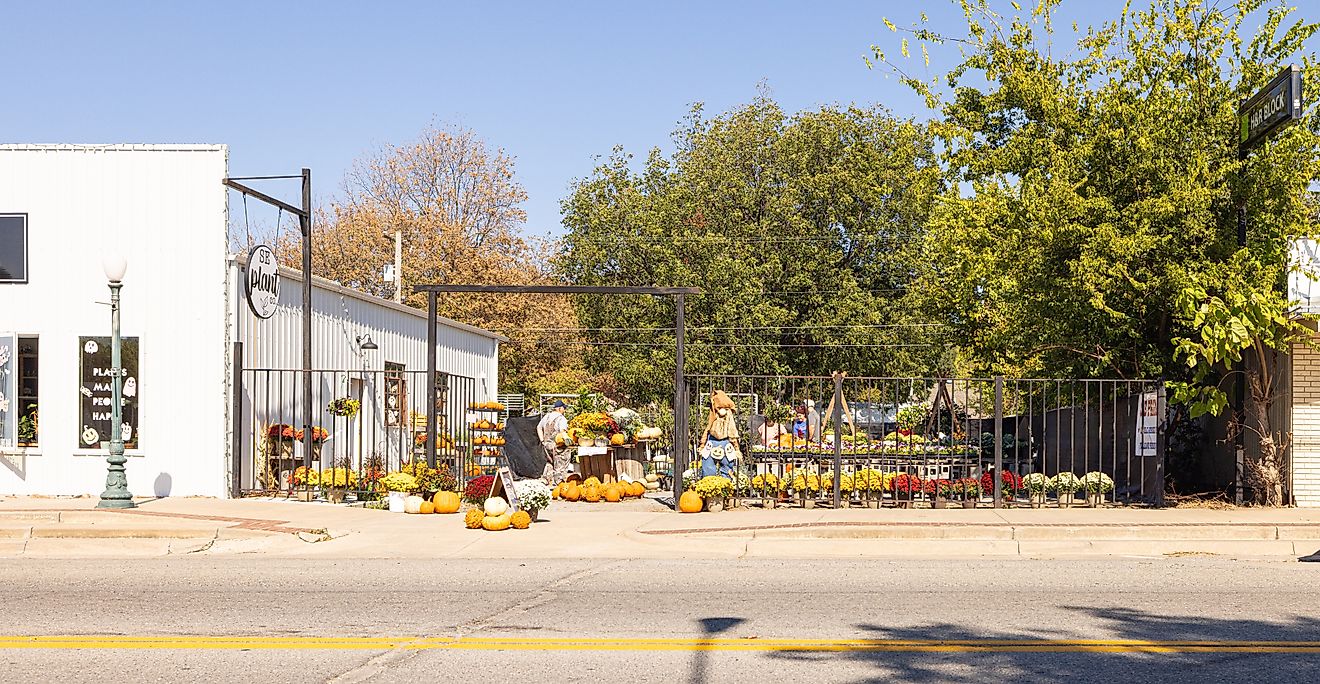 Seasonal decorations at a store in Wilburton, Oklahoma. Editorial Credit: Roberto Galan, Shutterstock.com