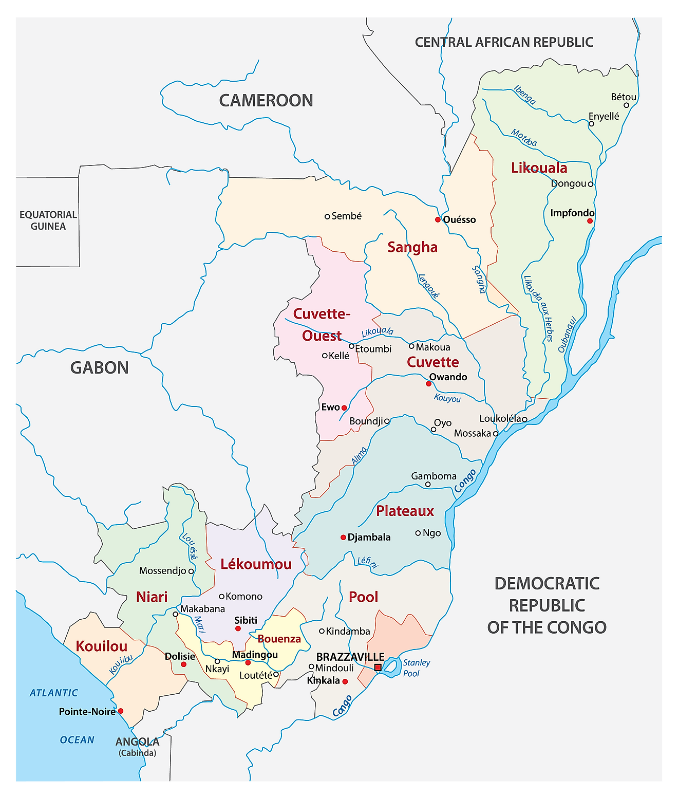 Mapa Político del Congo que muestra 12 departamentos, sus capitales y la capital nacional de Brazzaville.