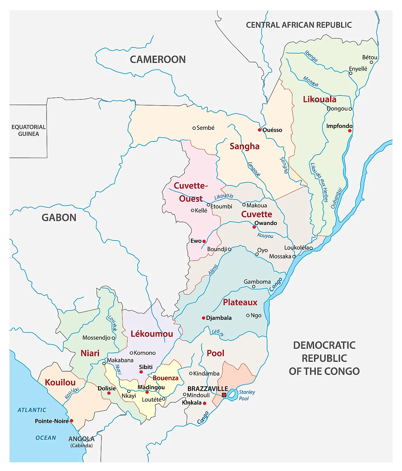 Political Map of Congo showing 12 departments, their capitals, and the national capital of Brazzaville.