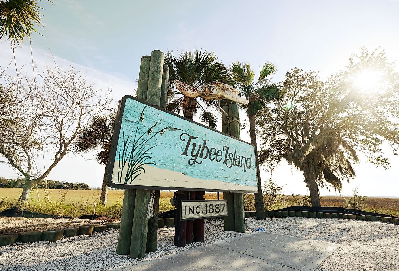 Welcome sign entering Tybee Island near Savannah. Image credit zimmytws via Shutterstock.