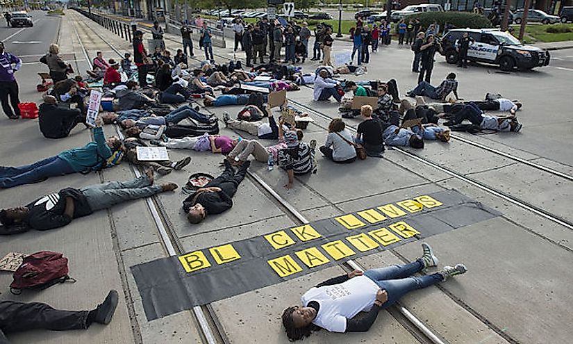 Black Lives Matter die-in protesting alleged police brutality in Saint Paul, Minnesota, September 20, 2015.