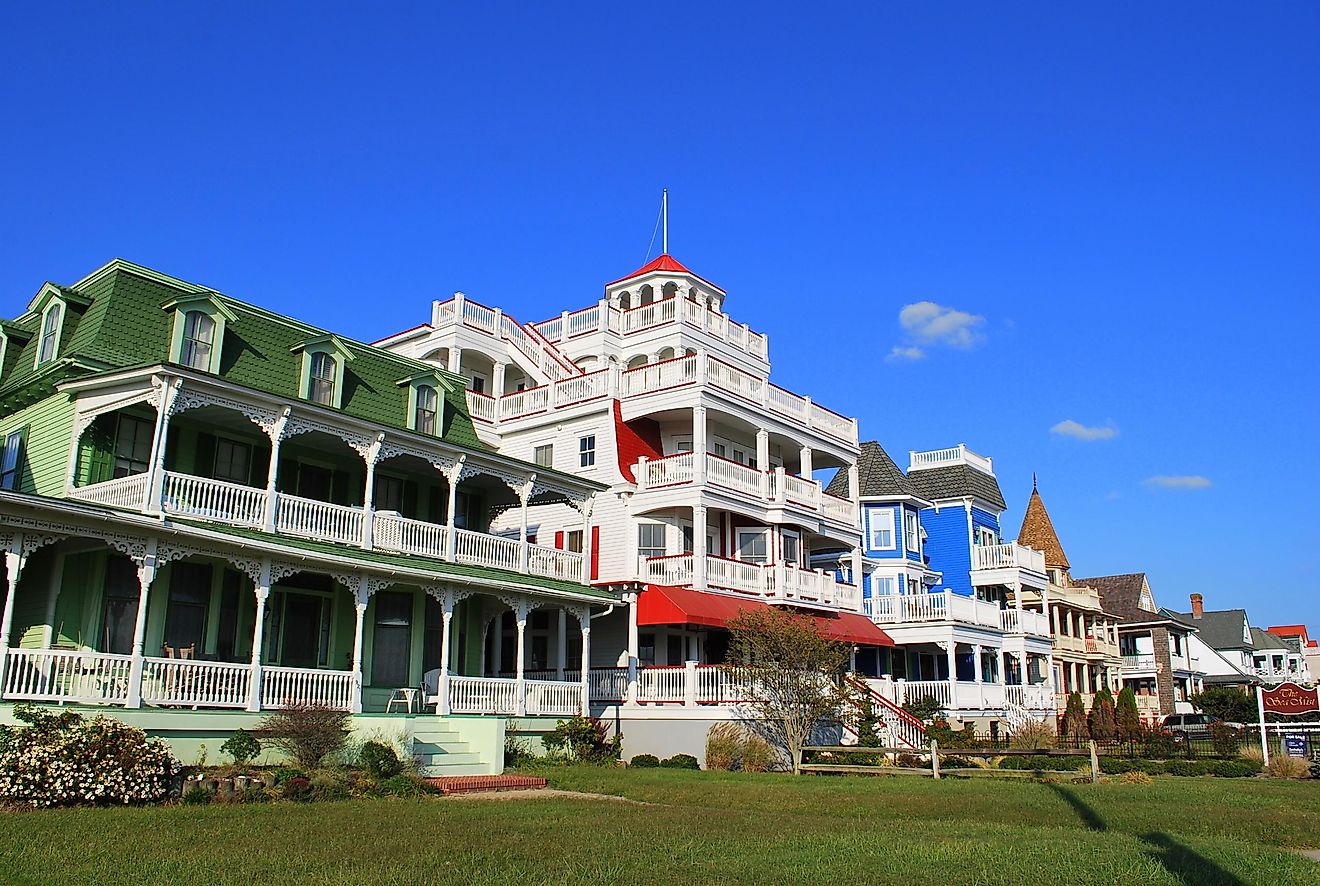 Colorful houses along Beach Street in Cape May, New Jersey.