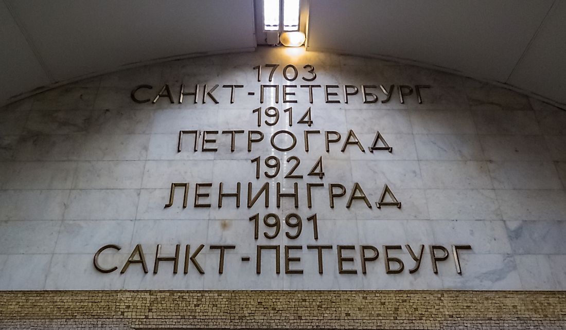 List of city names from Saint Petersburg in 1703 to Petrograd in 1714, Leningrad in 1924, and back to Saint Petersburg in 1991.