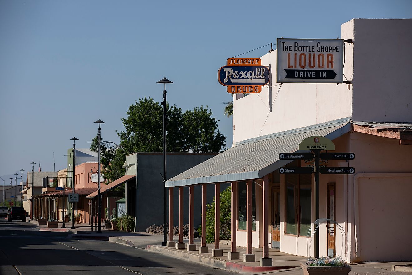 Florence, Arizona, USA - May 31, 2022: Downtown businesses stand on historic Main street. Editorial Photo Credit: Matt Gush 