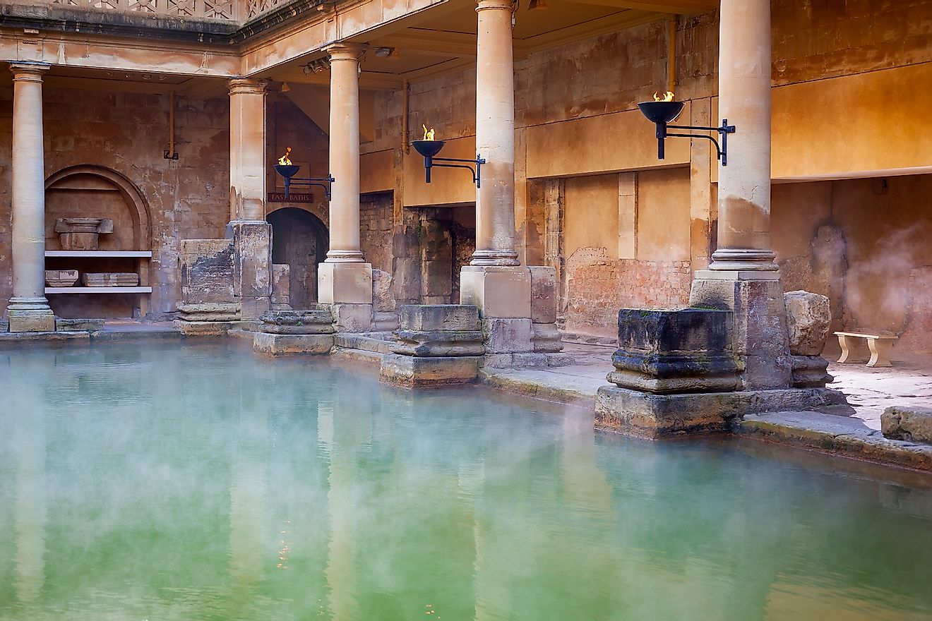 Steam rising off the hot mineral water in the Great Bath, part of the Roman Baths in Bath, UK. Image credit: Antb/Shutterstock.com