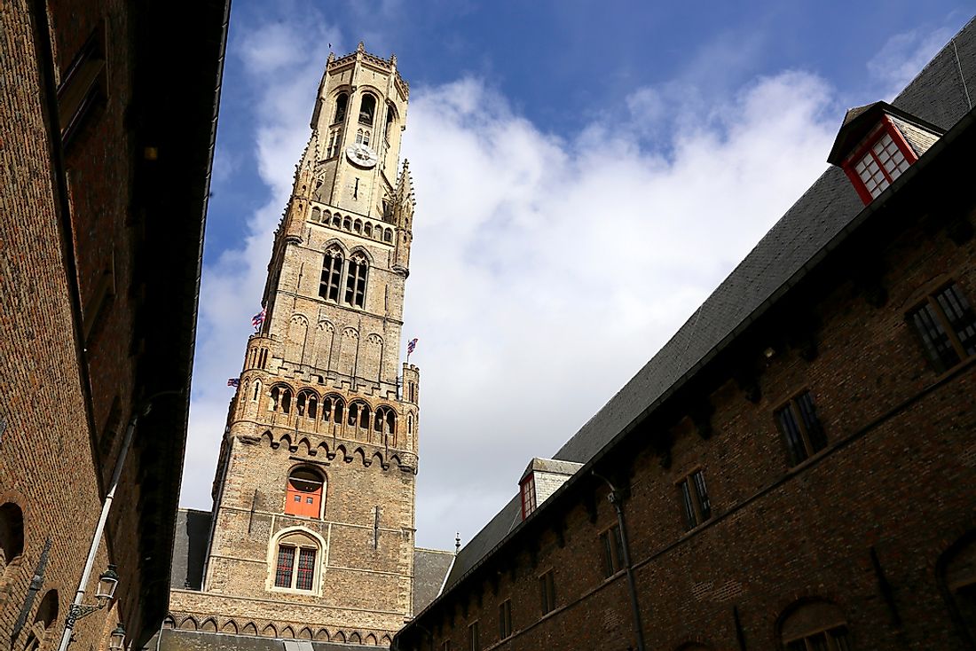 The leaning Belfry of Bruges in Belgium. 