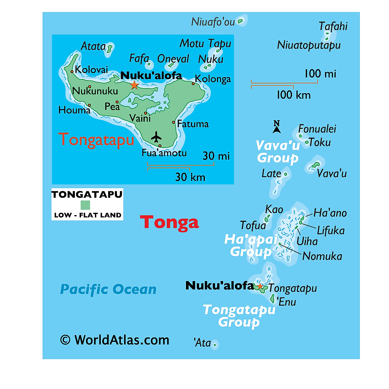 Mapa físico de Tonga que muestra islas, relieve, asentamientos importantes, etc.