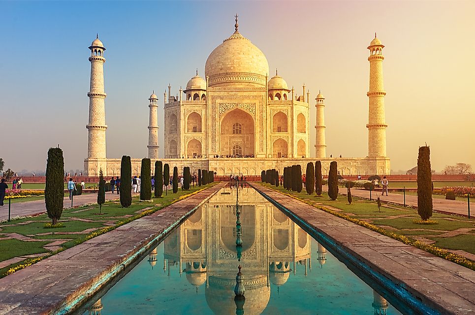 The Taj Mahal in Agra, India, is a UNESCO World Heritage Site and a popular tourist destination.