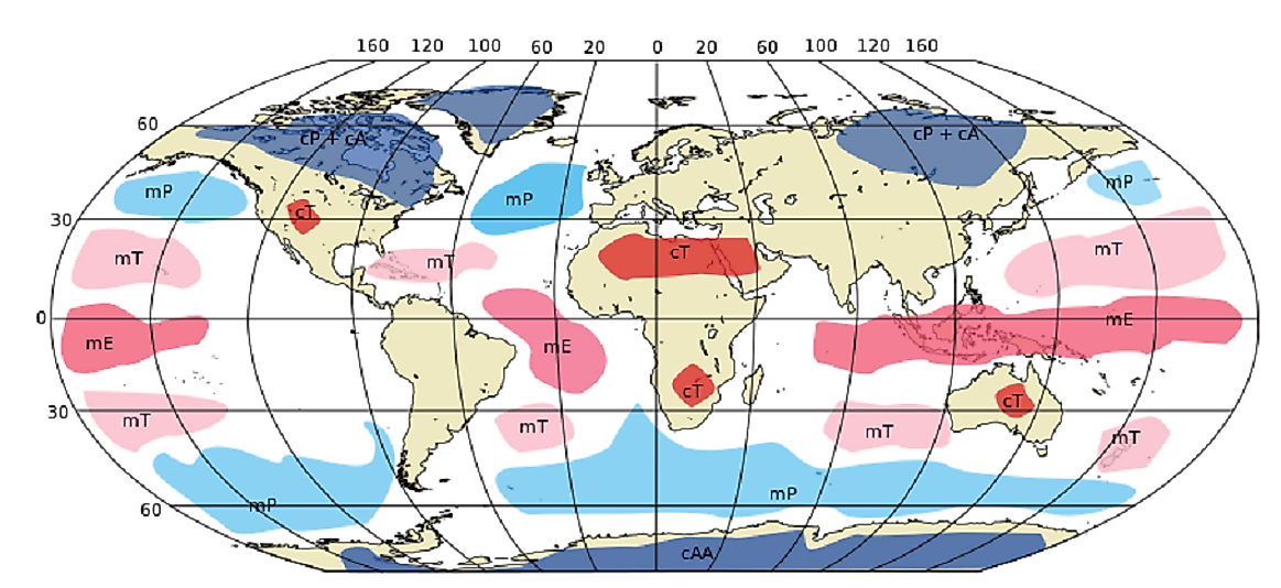 Bergeron classification system map of air masses: Continental (c), Maritime (m), Polar (P), Arctic/Antarctic (A), Monsoon (M), Equatorial (E), & Tropical (T).