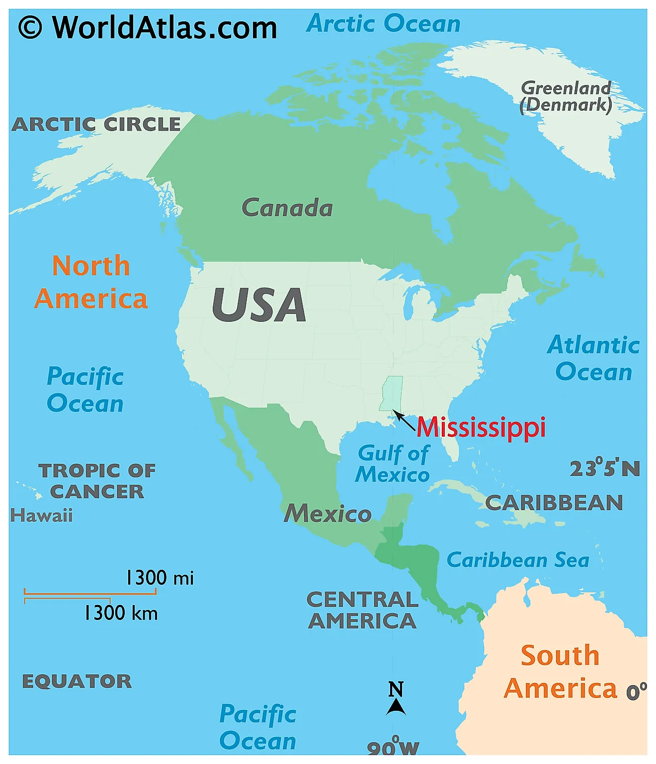 Map showing location of Mississippi in the world.