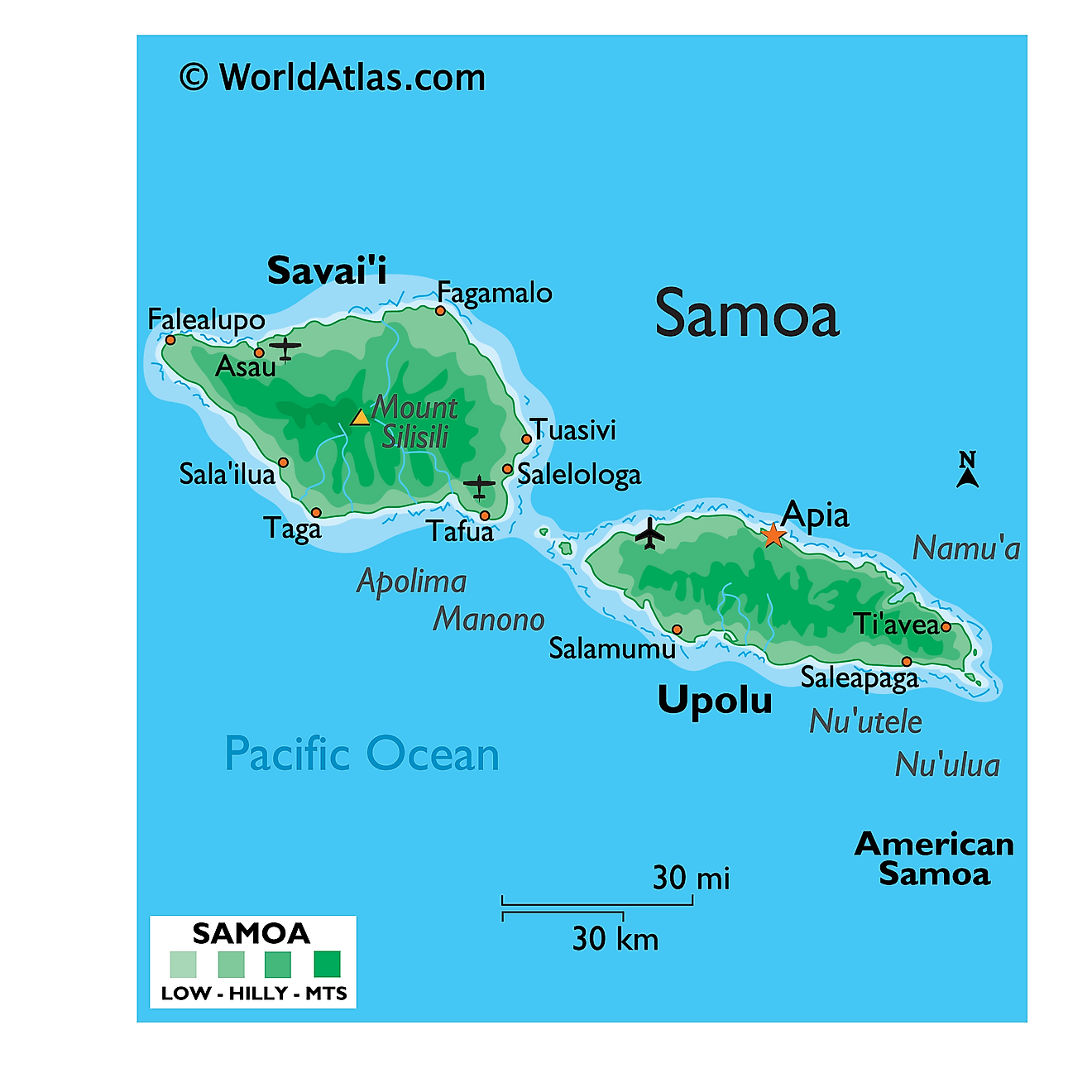 Mapa físico de Samoa que muestra el relieve, las islas principales, el punto más alto, los asentamientos importantes, etc.