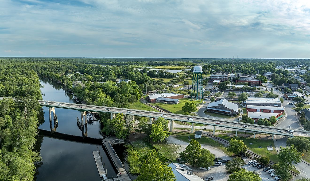 Aerial of Conway, small town on a bluff overlooking the Waccamaw River in South Carolina.