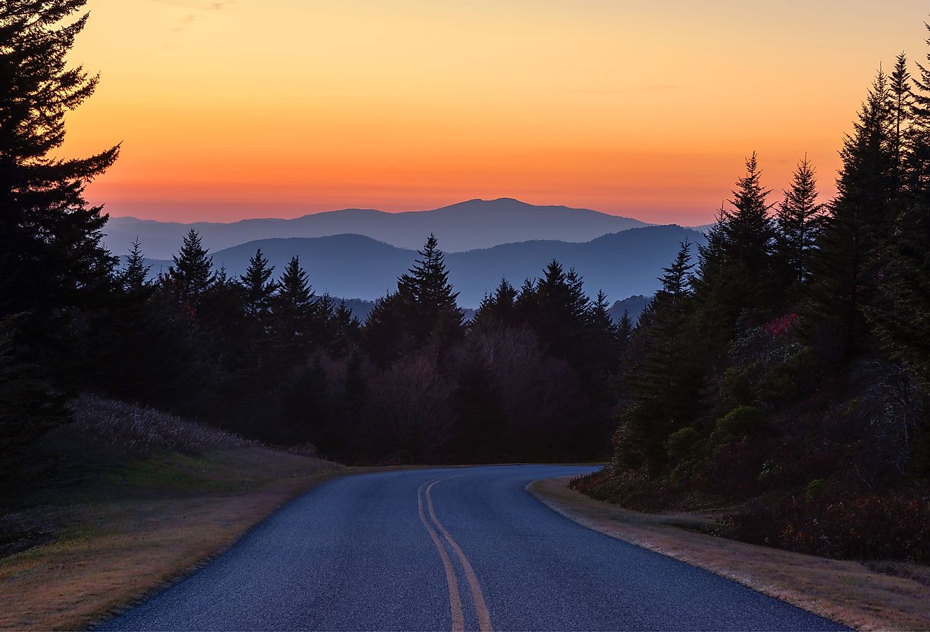 Dusk falls over the Blue Ridge Mountains along the Blue River Parkway. Image credit anthony heflin via Shutterstock.