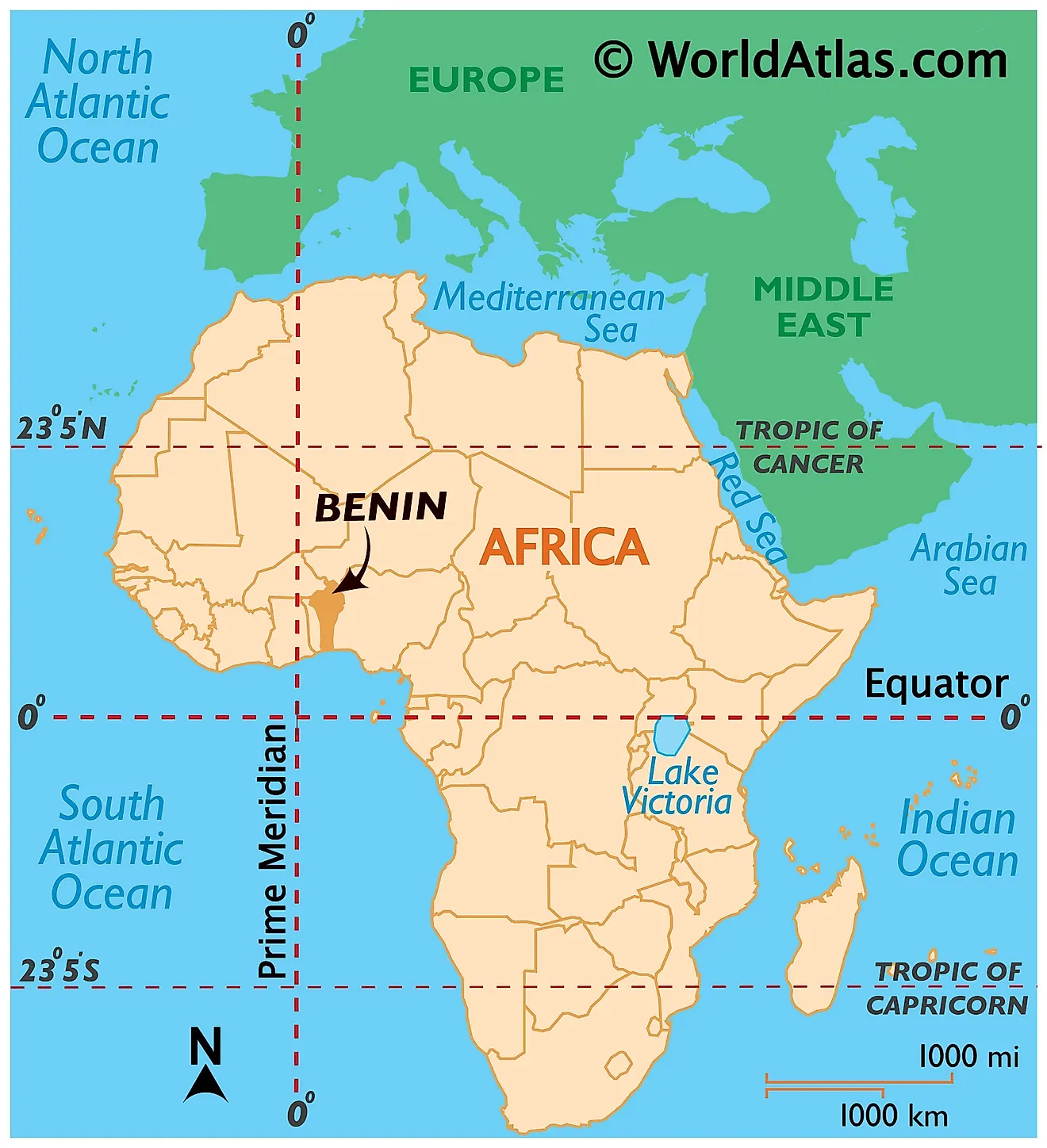 Map showing location of Benin in the world.