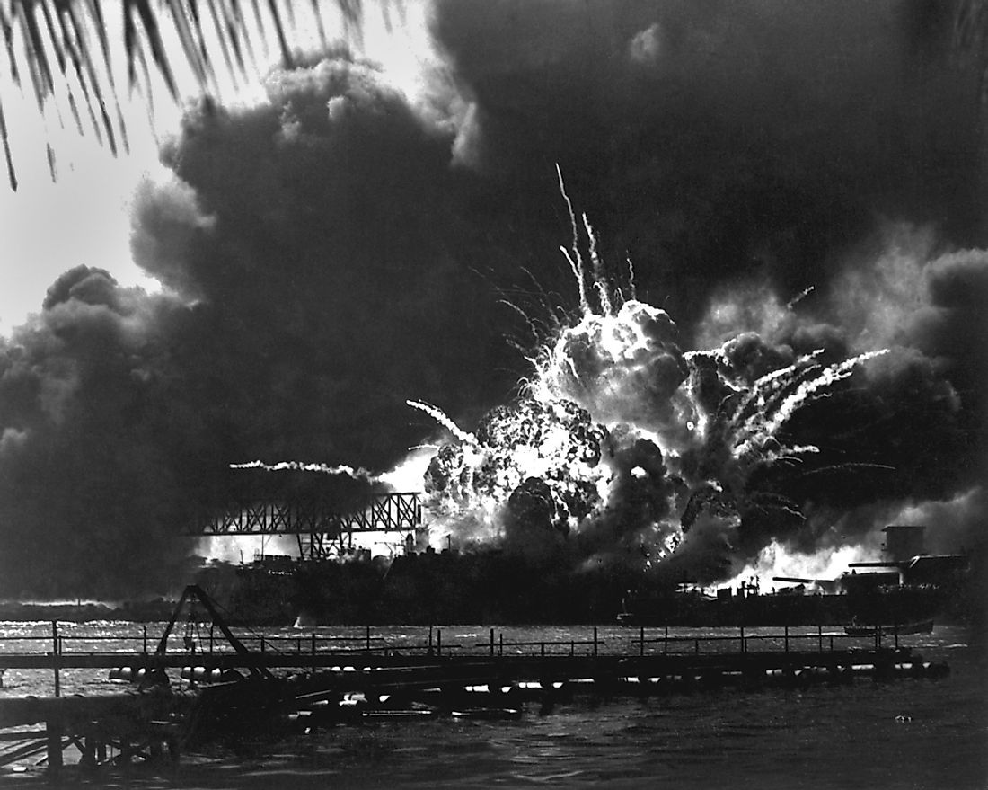 The explosion of the USS Shaw in Pearl Harbor. 
