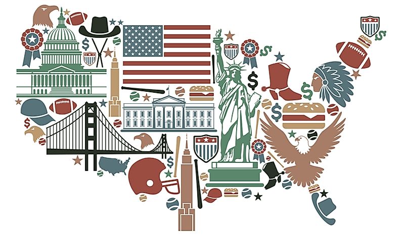 A map showing symbols and images commonly associated with the United States.