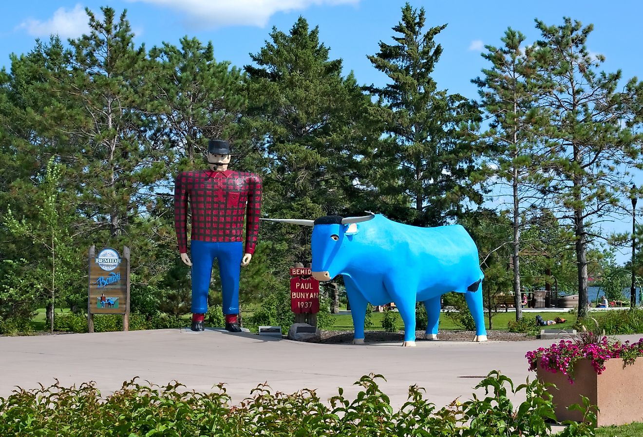 Paul Bunyan and Babe the Blue Ox, are popular roadside attraction statues of the legendary lumberjack and his sidekick in Bemidji, Minnesota. Image credit Edgar Lee Espe via Shutterstock