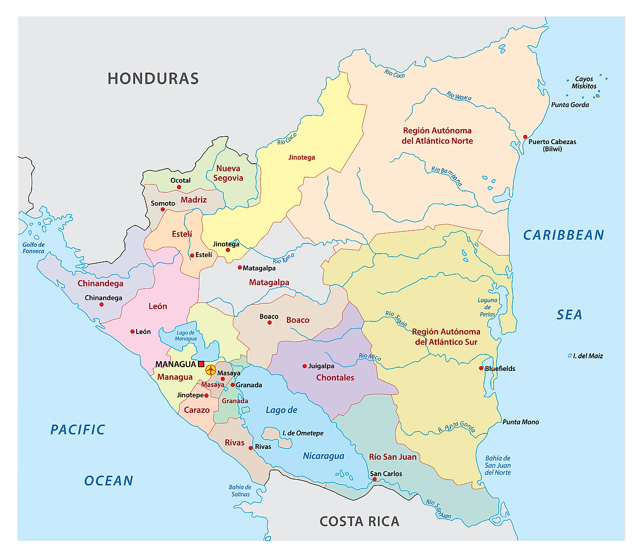 Political Map of Nicaragua showing its 15 departments and 2 autonomous regions and the capital city Managua.