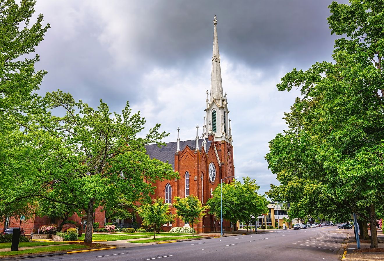 First United Methodist Church with a tall spire in Salem, Oregon.