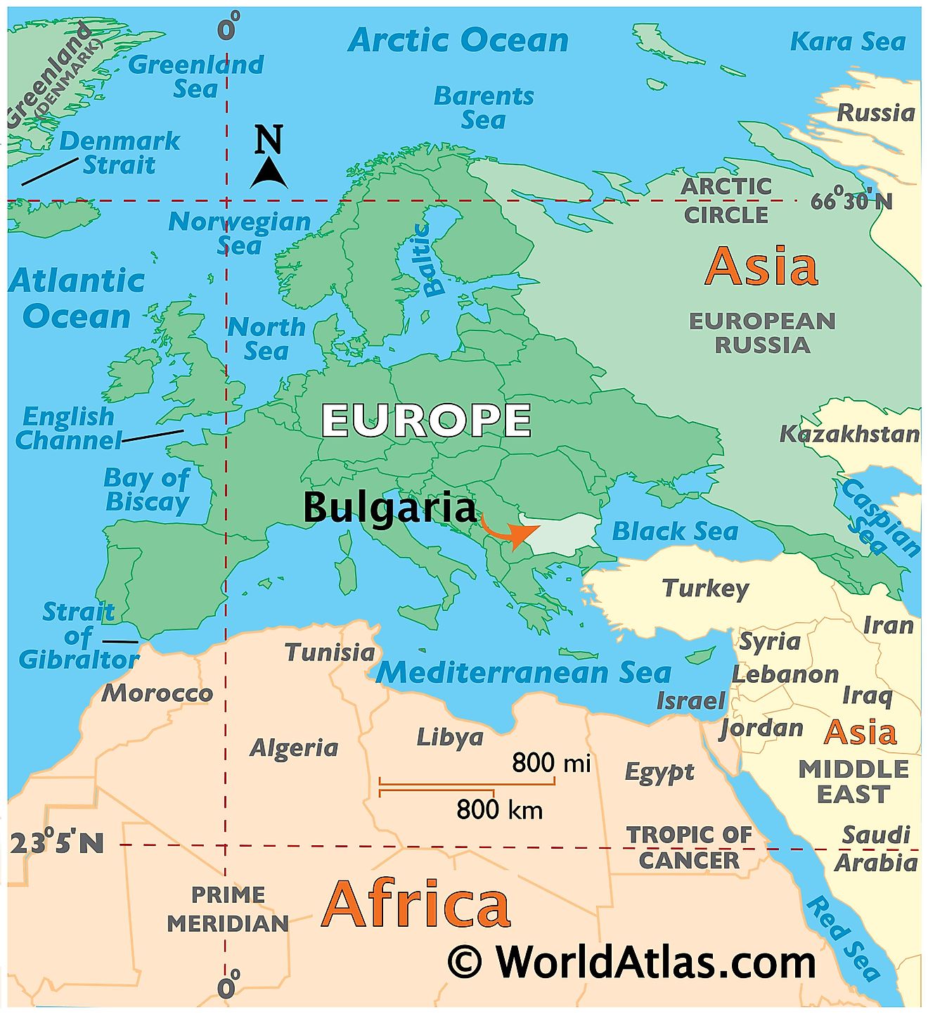 Map showing location of Bulgaria in the world.