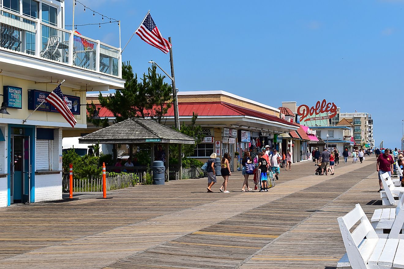 Shops along the boardwalk in Rehoboth Beach, Delaware. Editorial credit: Foolish Productions / Shutterstock.com.