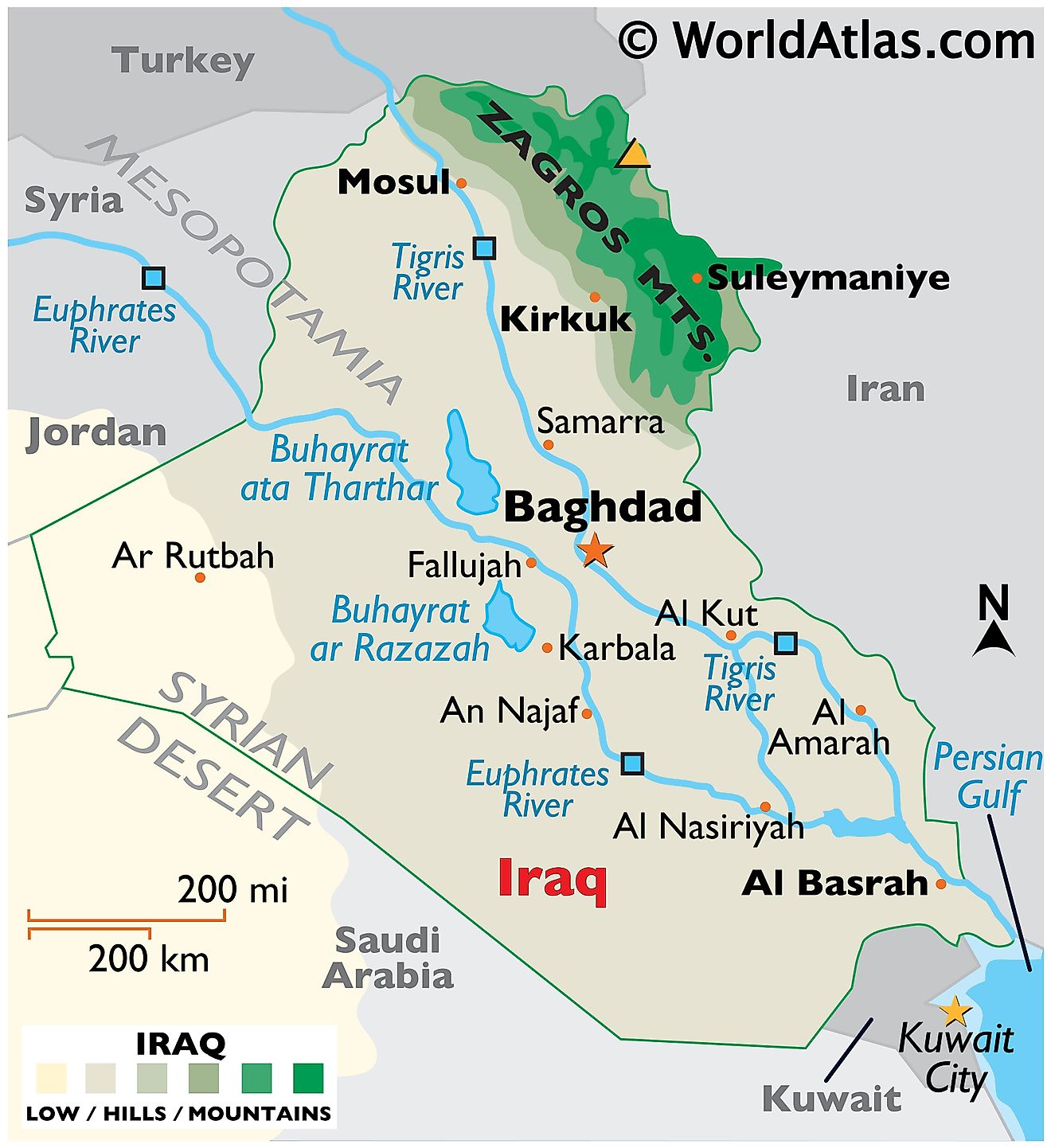 Mapa físico de Irak que muestra los límites estatales, el relieve, las montañas Zagros, los ríos principales, el punto más alto, los lagos principales, las ciudades importantes y más.