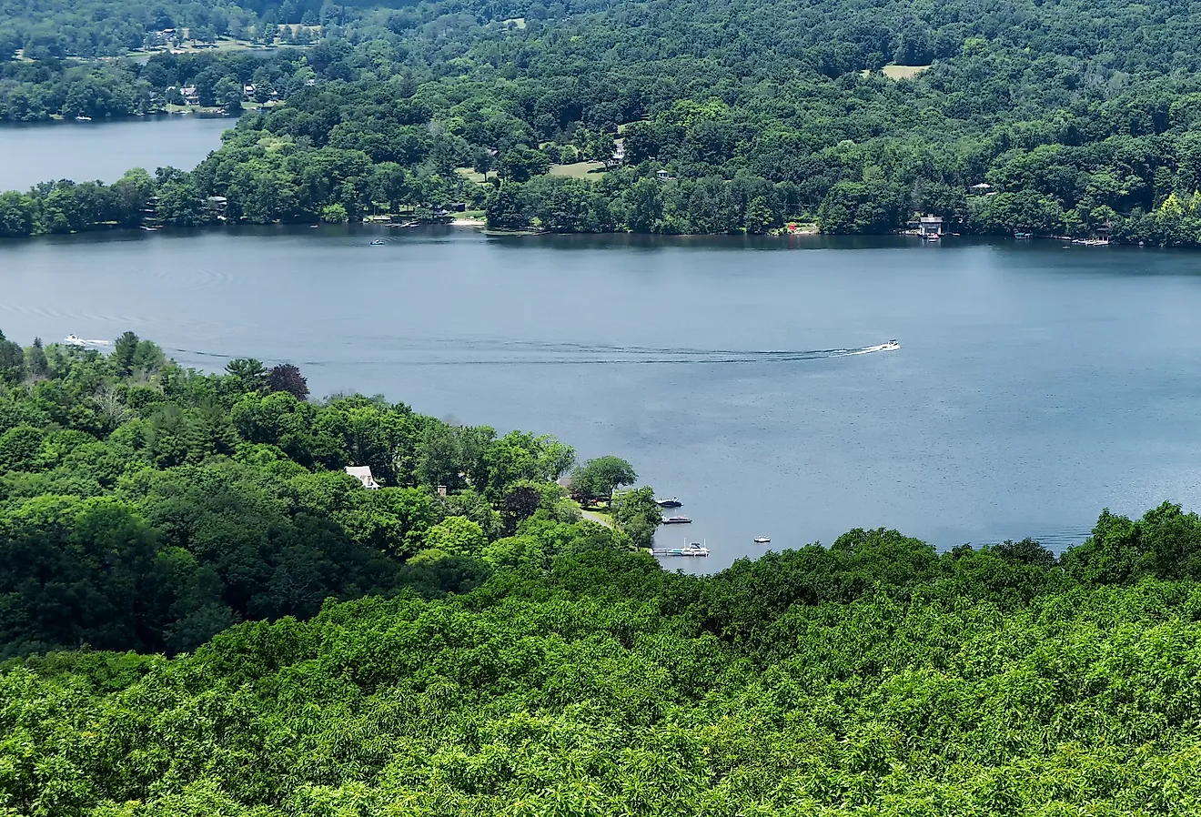 A view of Lake Waramaug from atop the pinnacle in Connecticut in the summertime.