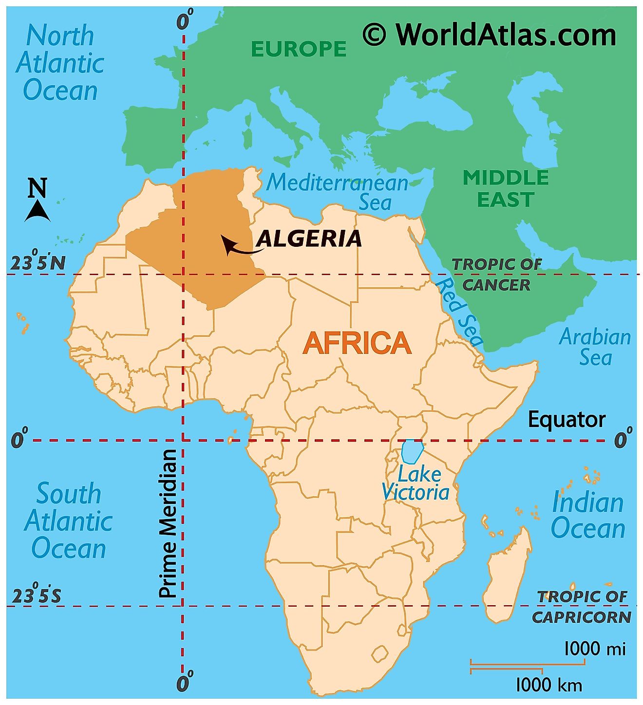 Map showing location of Algeria in the world.