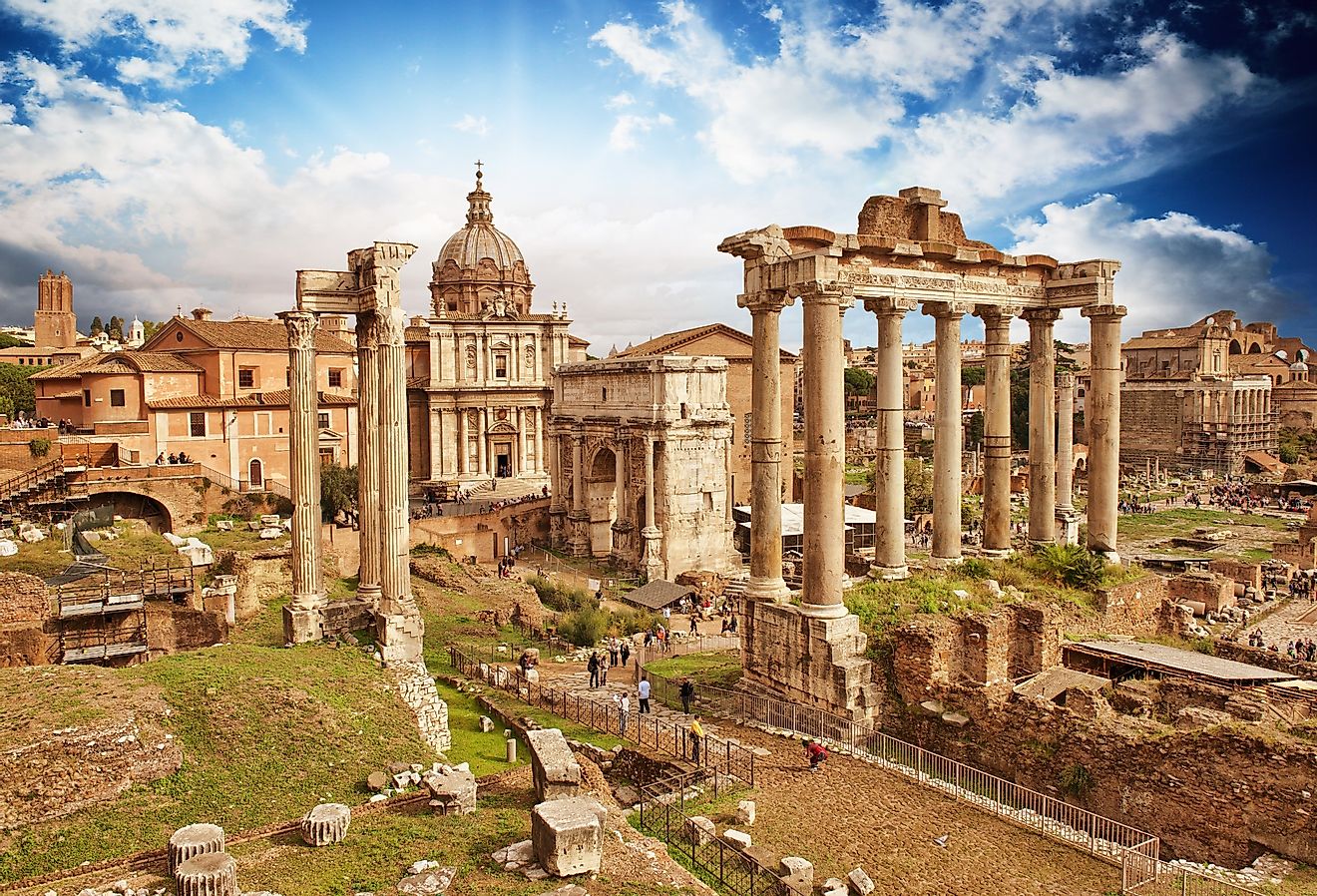 Overlooking the Ancient Ruins of Rome, Imperial Forum, Italy.