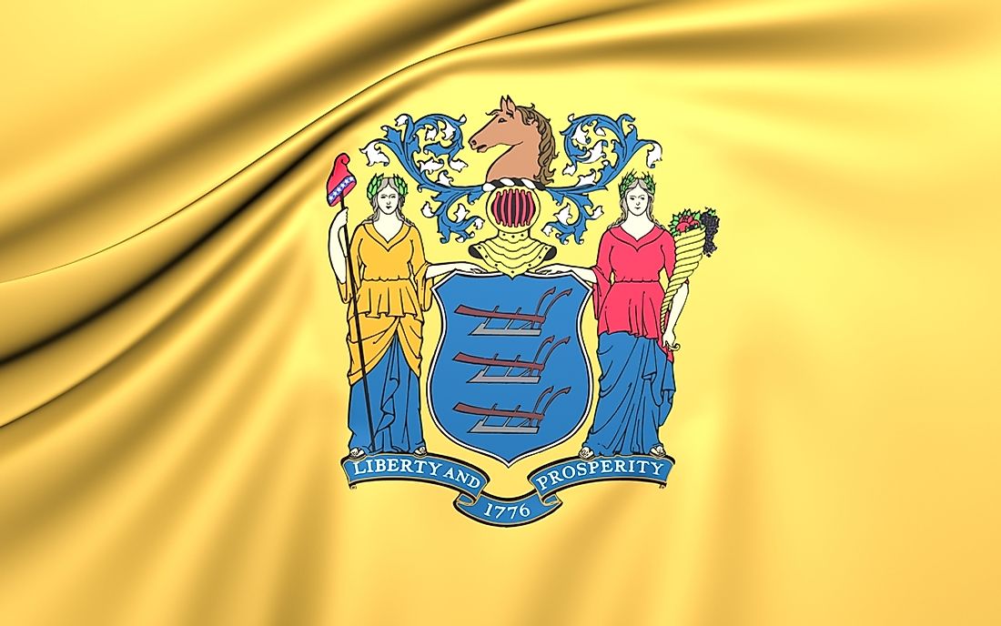 The New Jersey flag features the state animal as well as the goddesses of farming and liberty. 