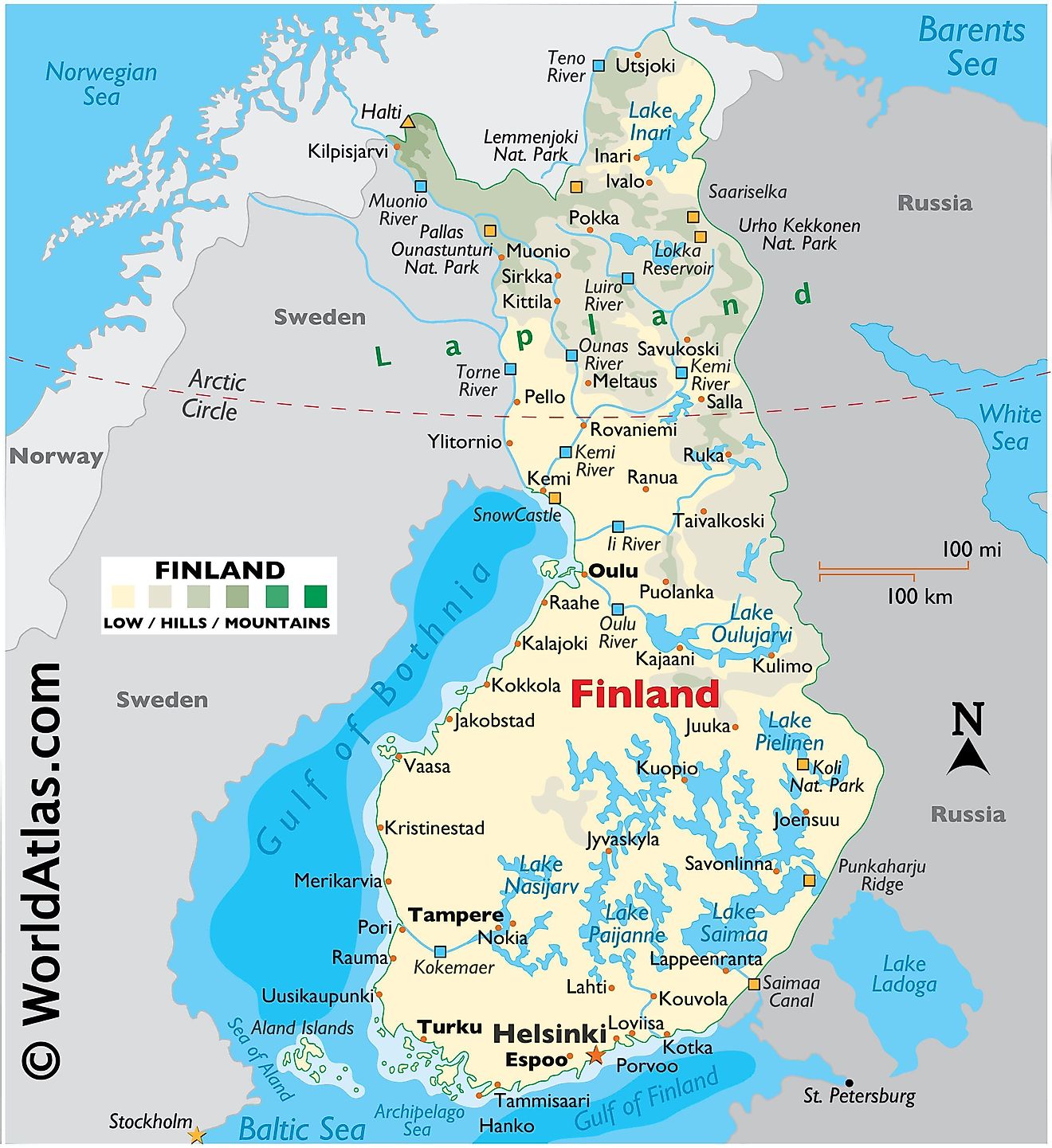 Mapa físico de Finlandia que muestra el terreno, los principales lagos y ríos, puntos extremos, islas, ciudades importantes, fronteras internacionales, etc.