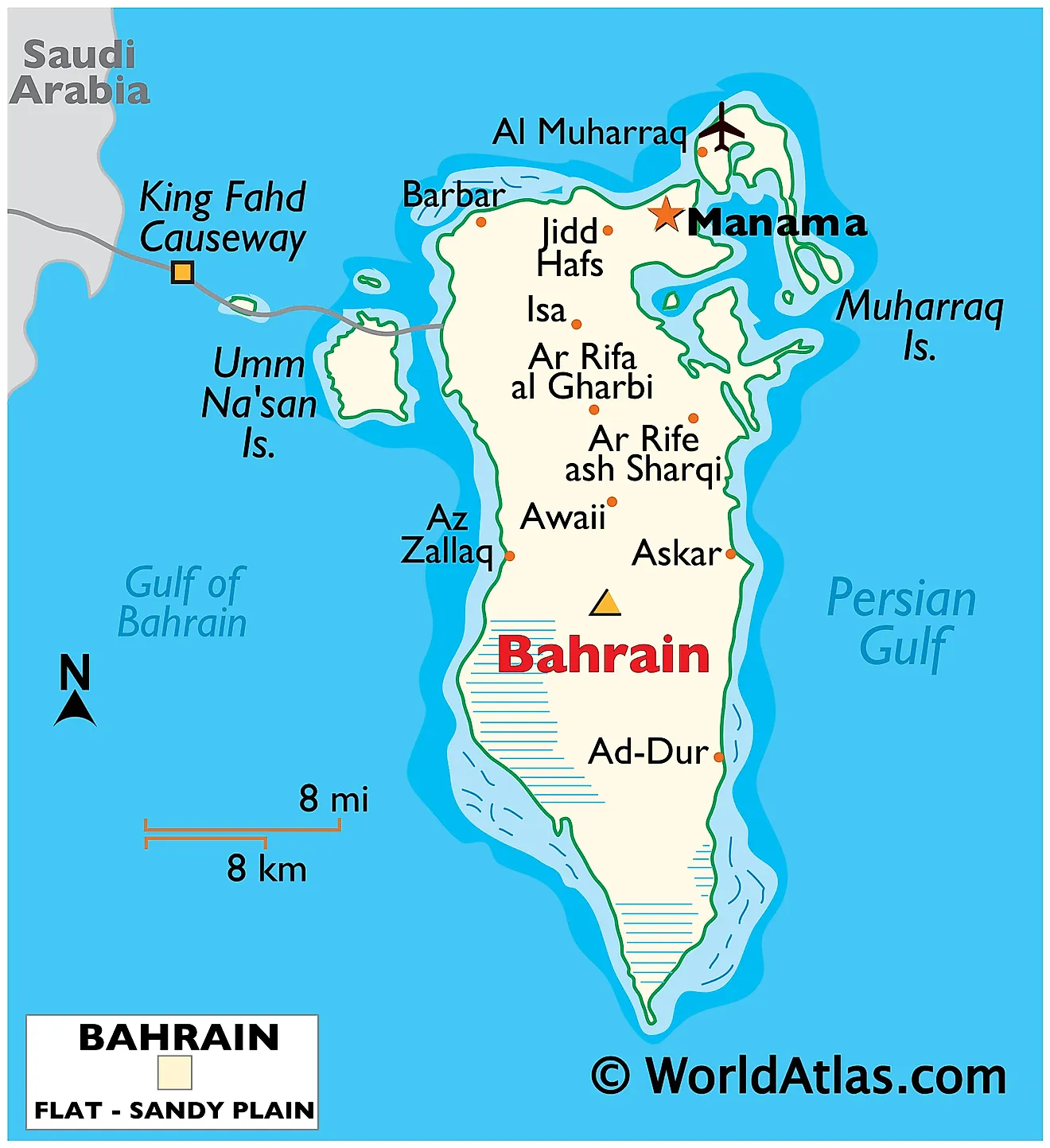 Mapa físico de Baréin que muestra las fronteras internacionales, relieve, punto más alto, ciudades importantes, islas, etc.