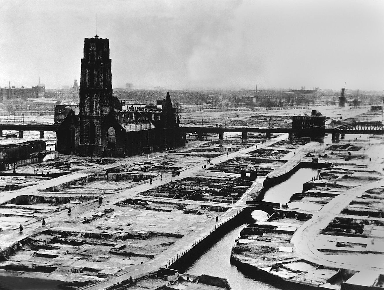 Rotterdam after the entire inner city was bombed by Germans, May 14, 1940. 30,000 civilians were killed when the Dutch defenders refused a German ultimatum to cease defense and surrender.