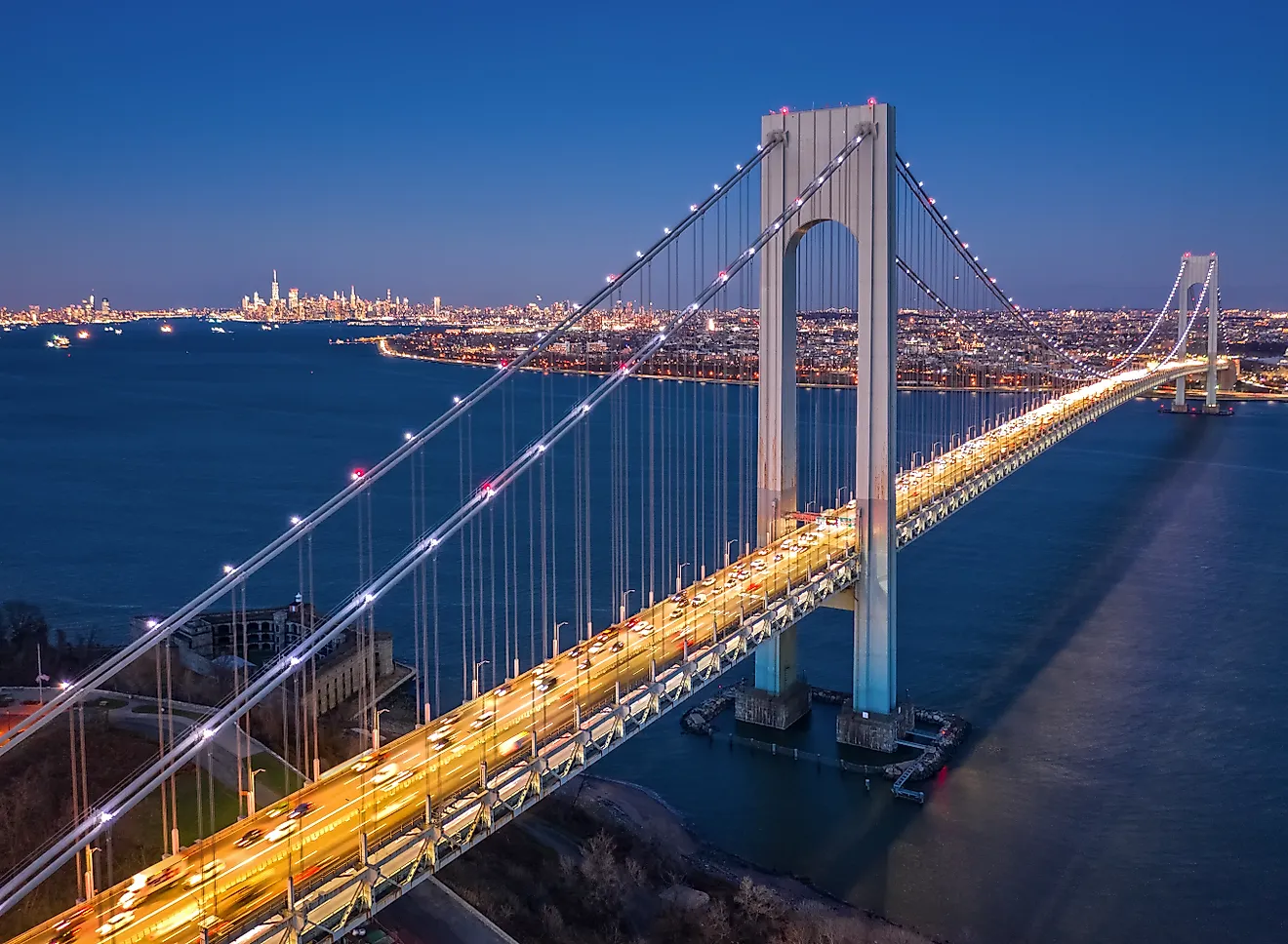 Aerial view of the evening rush hour traffic on Verrazzano Narrows Bridge, as viewed from Staten Island, NY. 