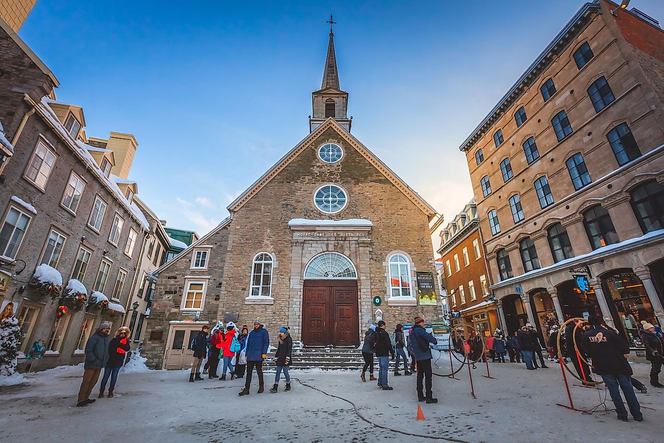 Front view of the majestic church Notre-Dame-des-Victoires in Place royale square in old Quebec. Editorial credit: iPIX Stock / Shutterstock.com