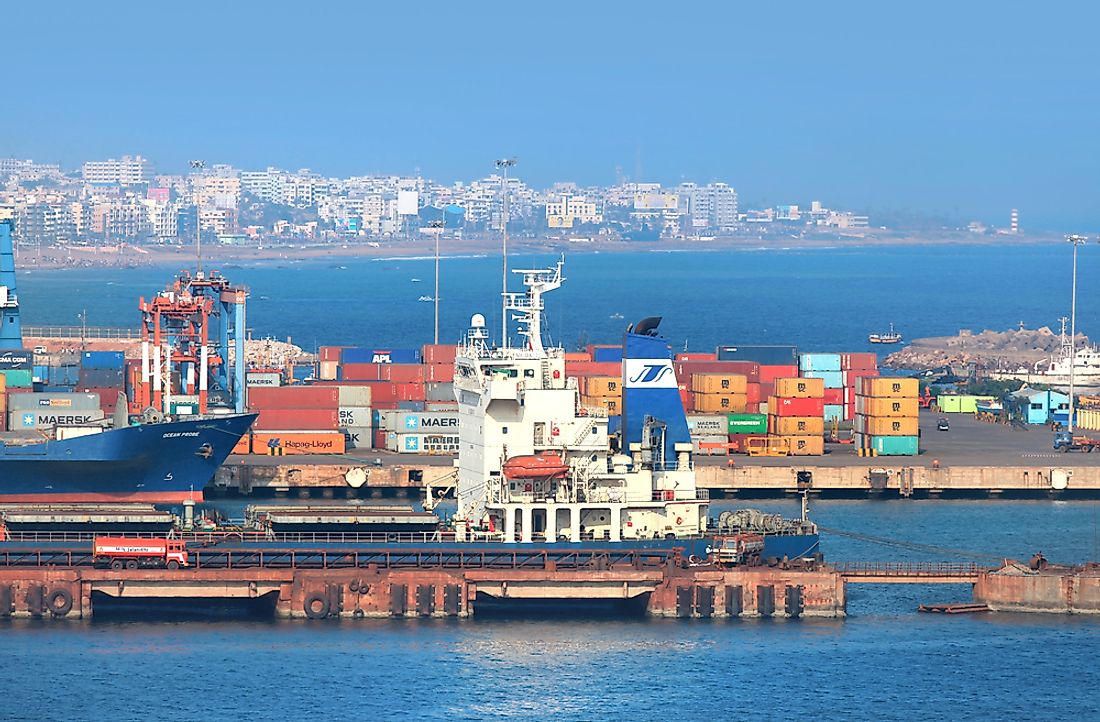 Visakhapatnam port, built on the Andhra Pradesh coast, is the second largest port in India by volume of cargo handled. Editorial credit: SNEHIT / Shutterstock.com