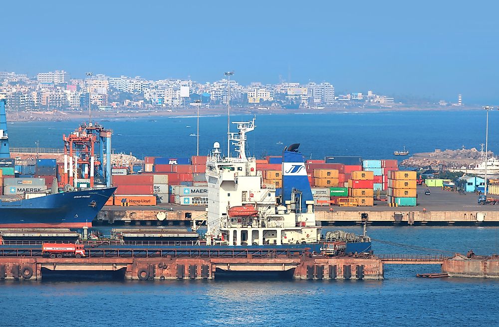 Visakhapatnam port, built on the Andhra Pradesh coast, is the second largest port in India by volume of cargo handled. Editorial credit: SNEHIT / Shutterstock.com