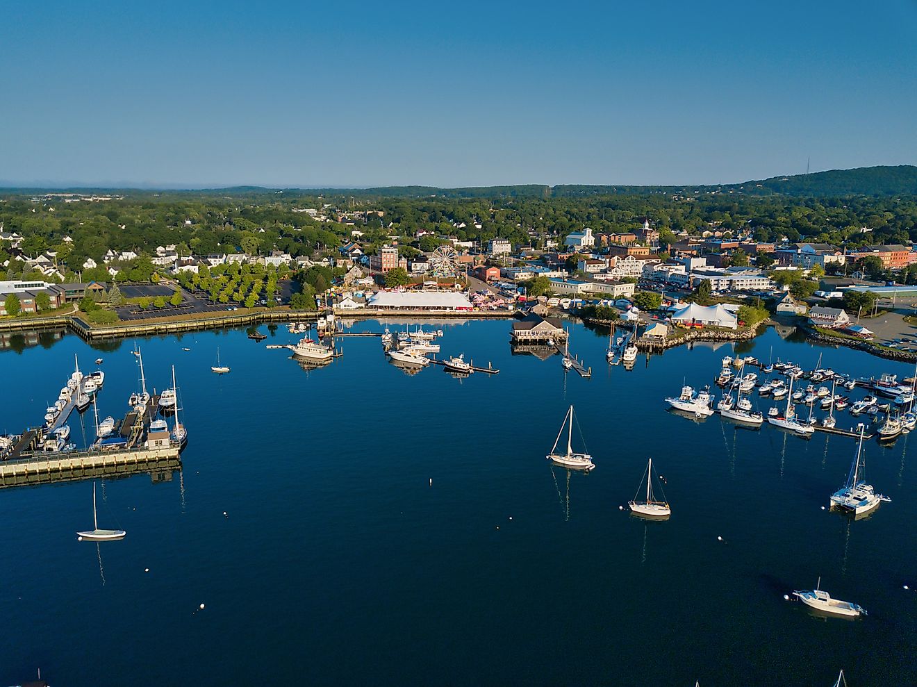 Aerial drone image of the Rockland Harbor in Maine.