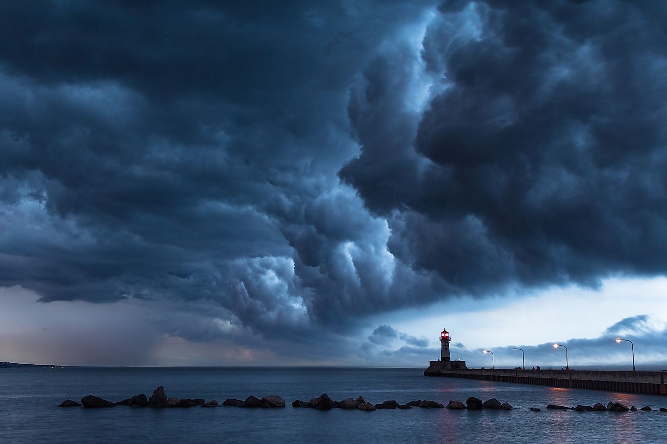 Dramatic storm clouds over the Duluth lighthouse on Lake Superior.