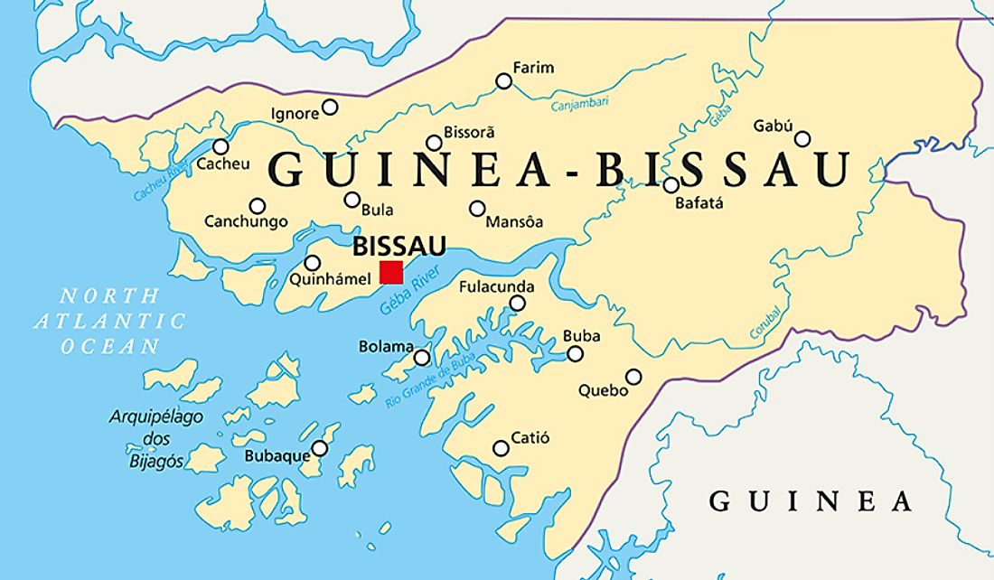 Guinea-Bissau is bordered by Senegal to the north and Guinea to the east and south.