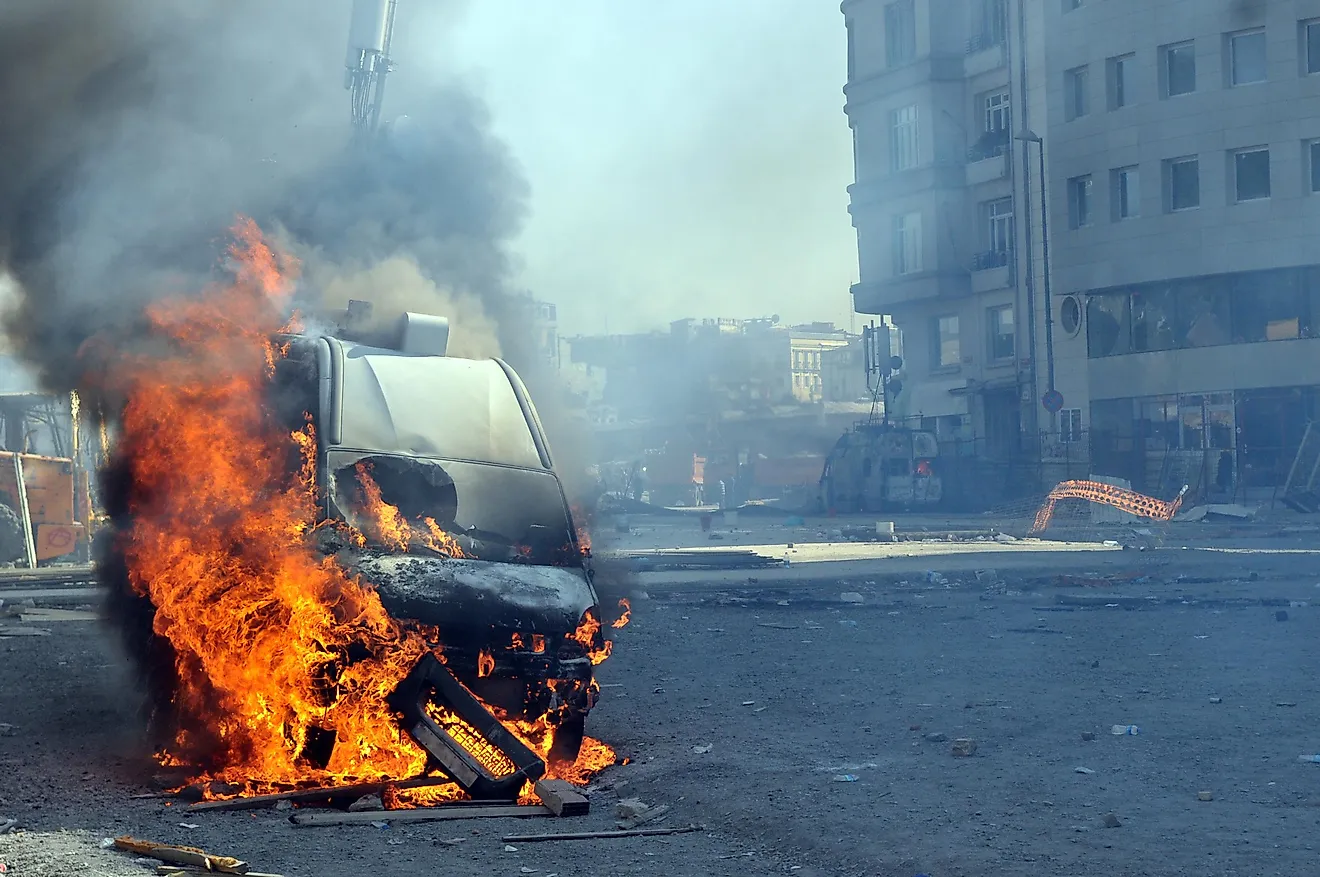 Violence resulting from riots can often include the burning of vehicles.