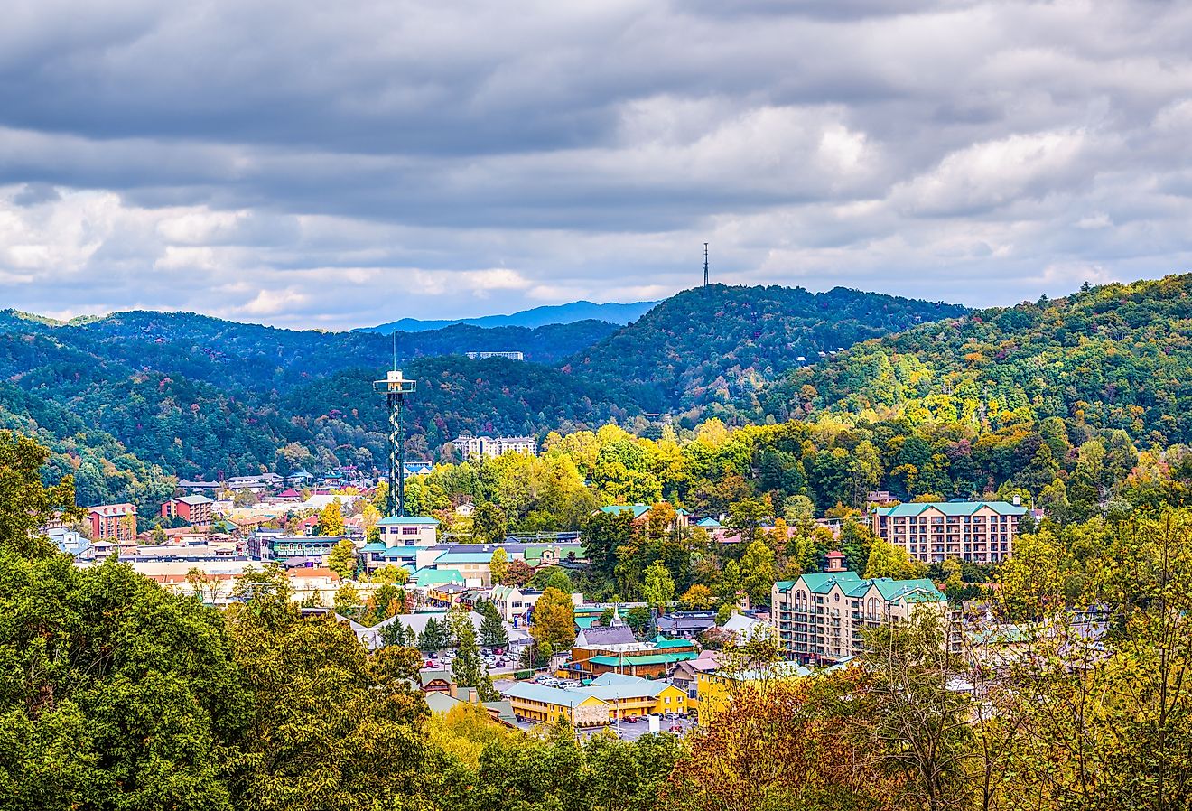 Gatlinburg, Tennessee, USA town skyline in the Smoky Mountains.