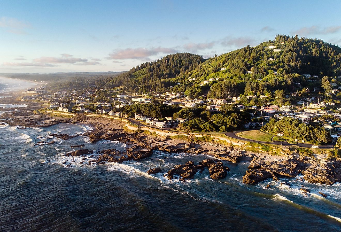 Aerial view of the coast of Yachats, Oregon.