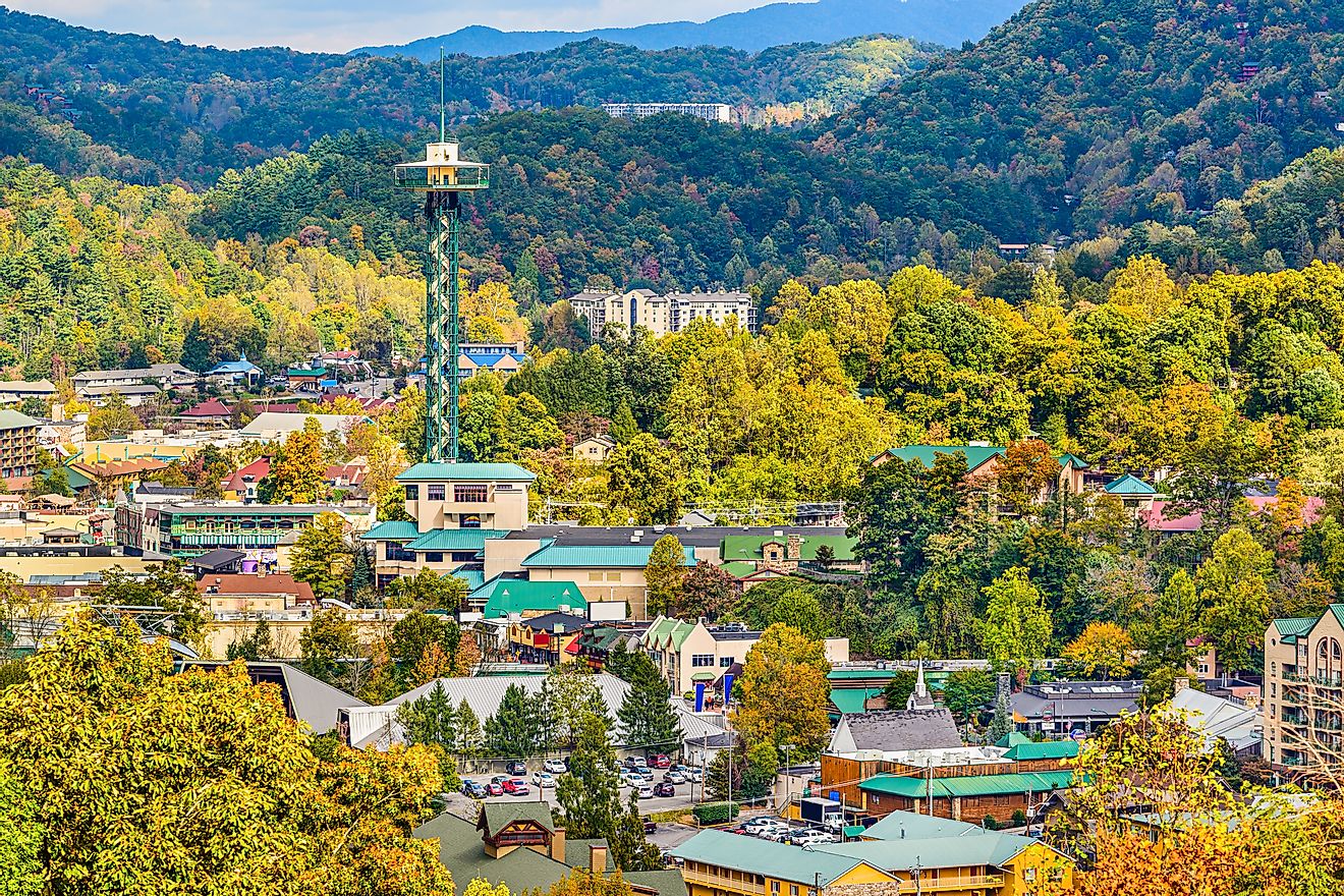 Aerial view of Gatlinburg, Tennessee within the Smoky Mountains.