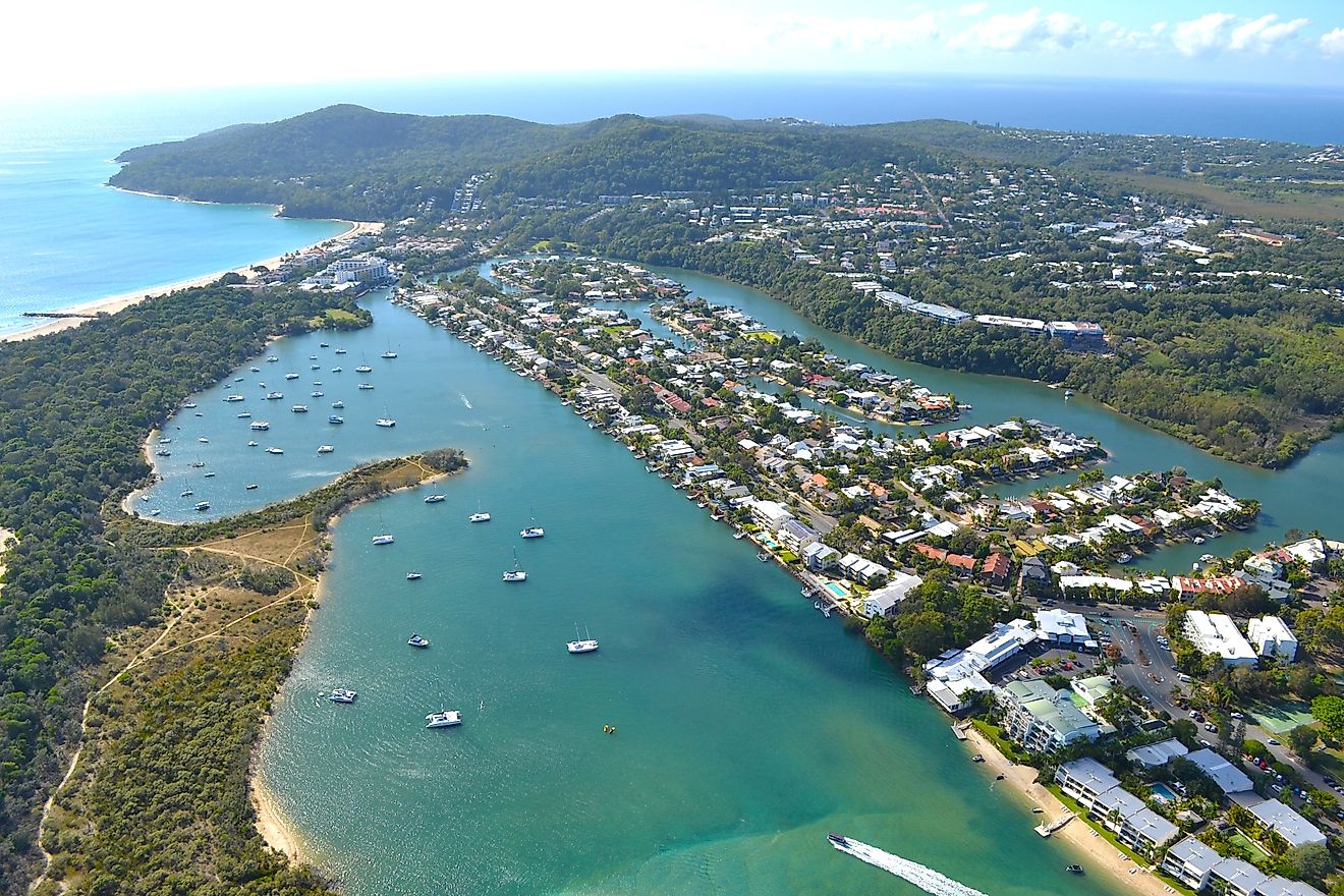 Aerial view of boats on the Noosa River in Noosa Heads, Queensland, Australia.