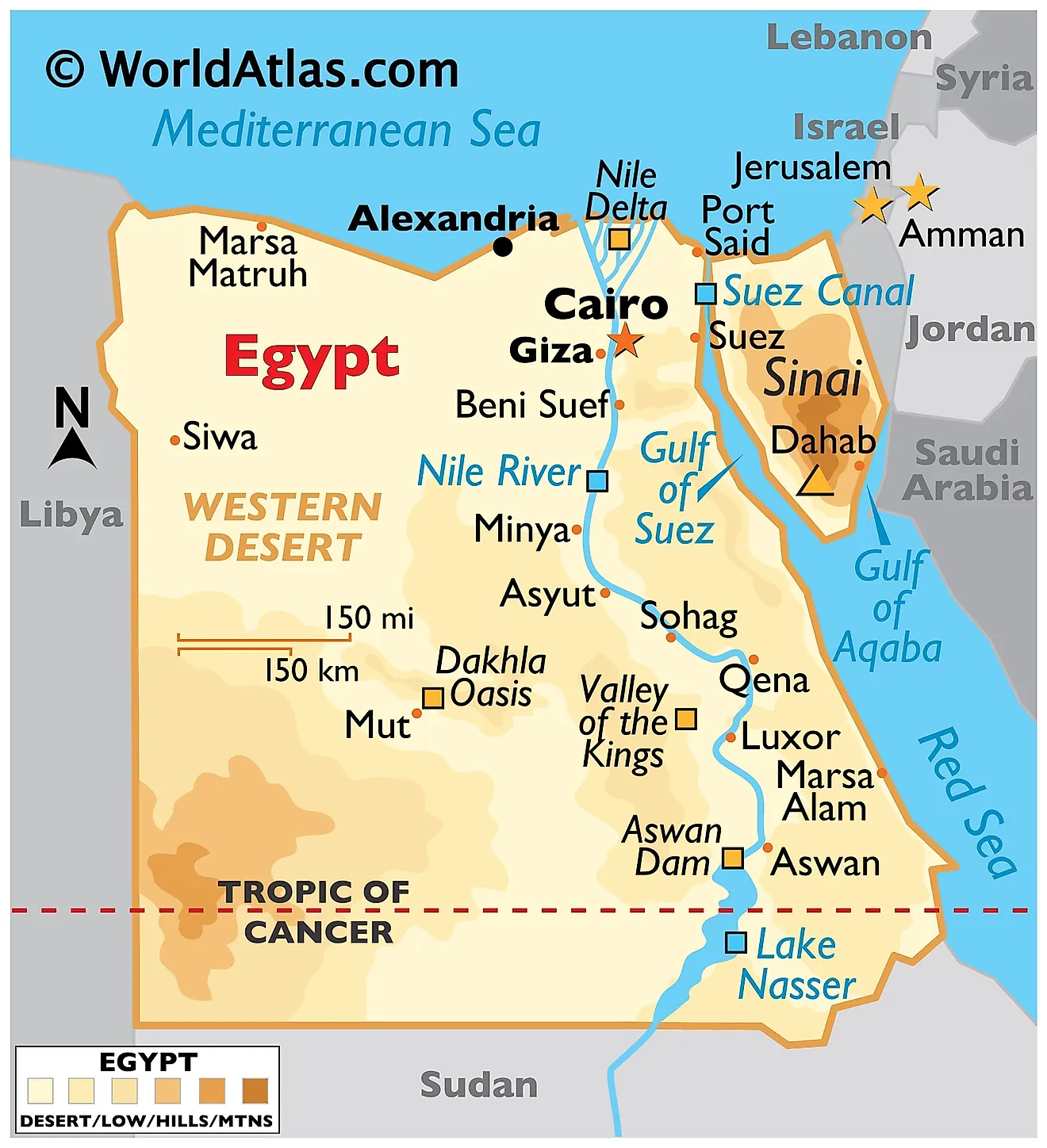 Physical Map of Egypt showing the state boundaries, relief, the Nile River, major lakes, deserts, and important cities.