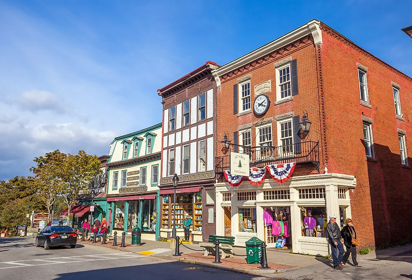 Storefronts and visitors in downtown Bar Harbor, Maine. Editorial credit: f11photo / Shutterstock.com