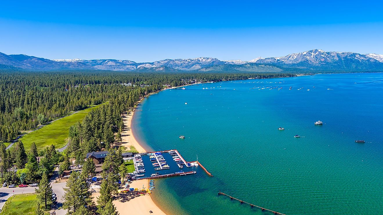 Aerial view of the shoreline of Lake Tahoe, via gchapel / iStock.com