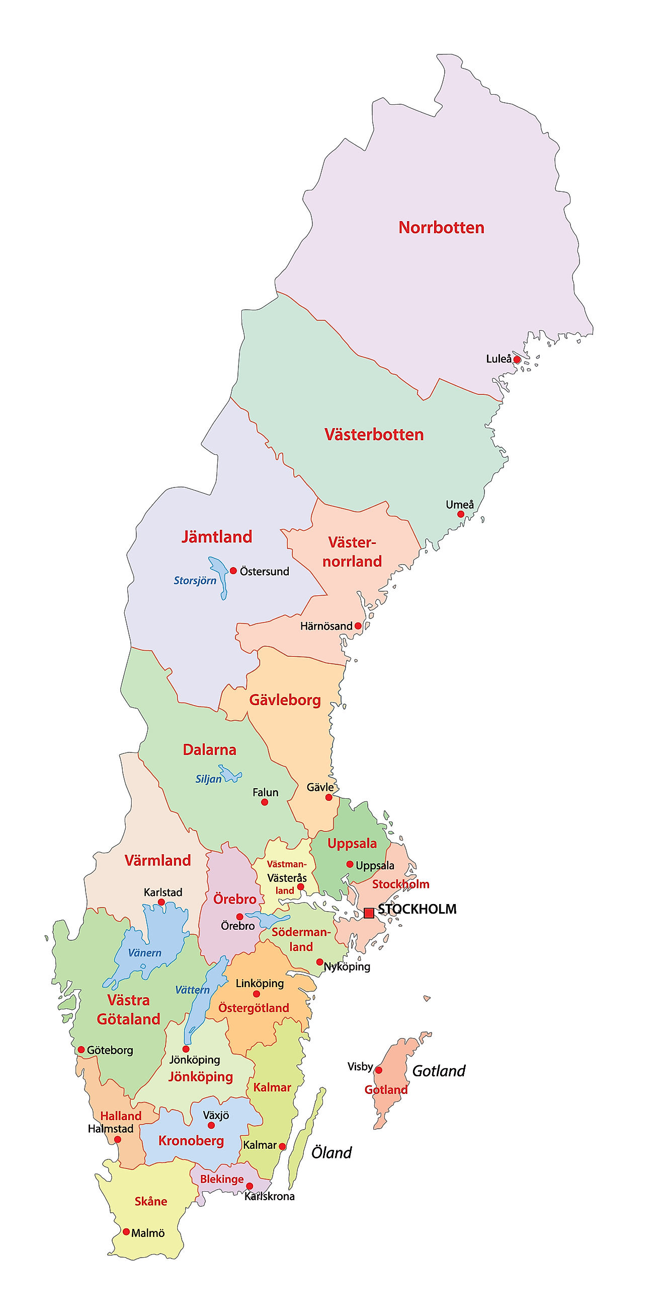 Mapa político de Suecia que muestra 21 condados y la ciudad capital de Estocolmo.