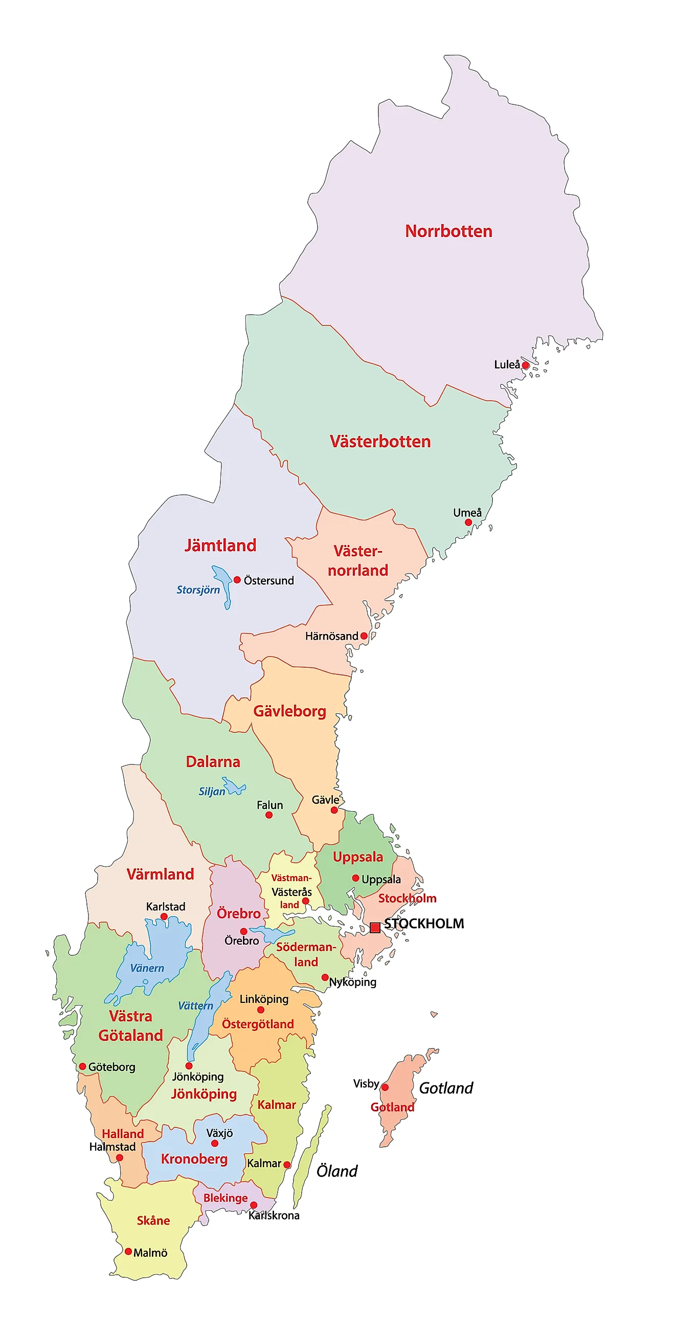 Political Map of Sweden showing 21 counties and the capital city of Stockholm. 